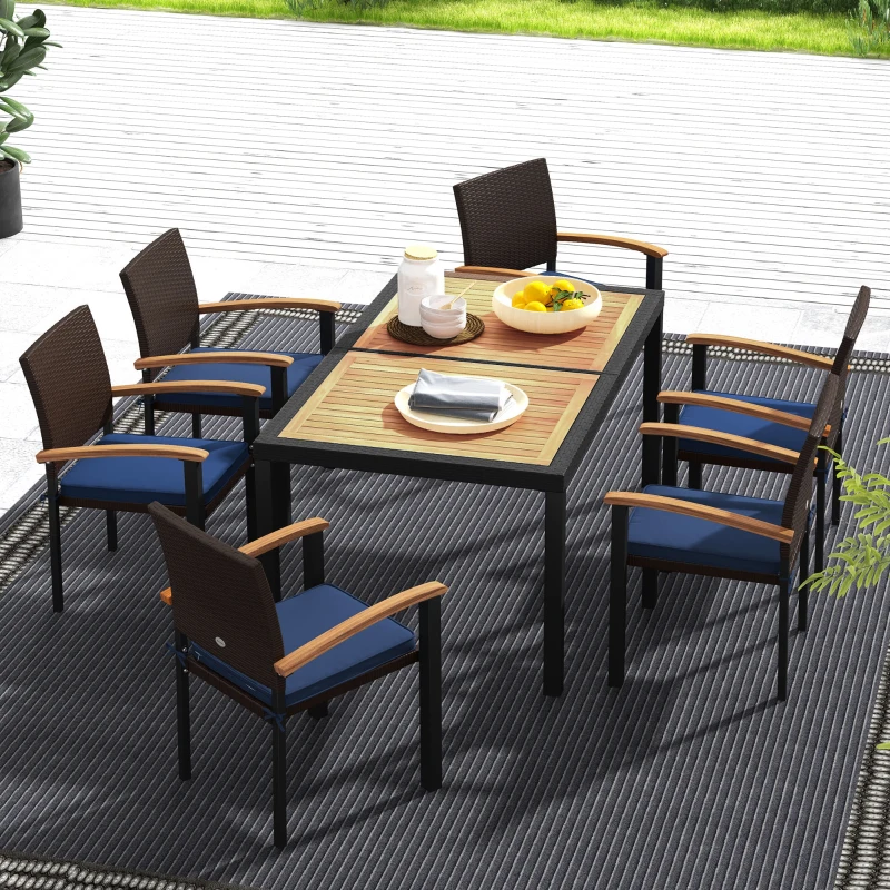 Outdoor dining set with acacia wood table and chairs.