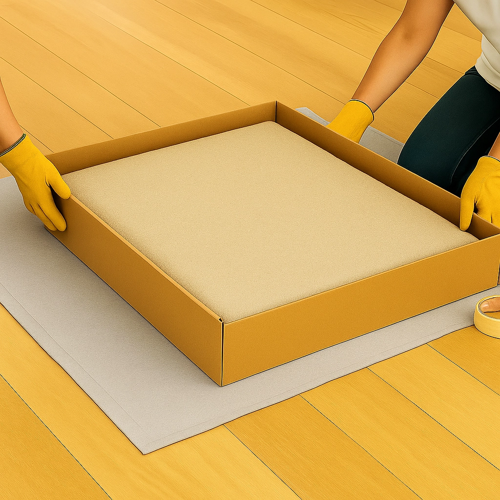 Gloved hands placing a taped and wrapped mirror into a cardboard box.