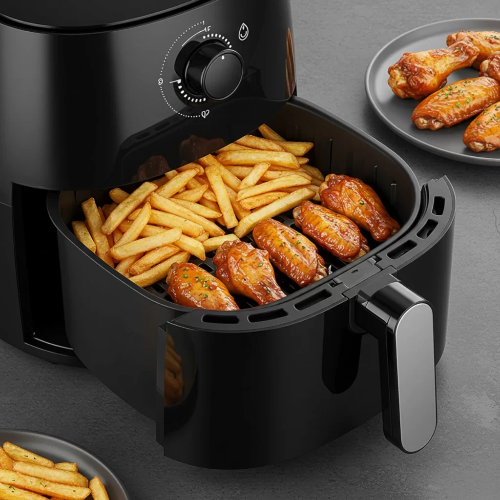 Air fryer basket cooking fries and chicken wings together.