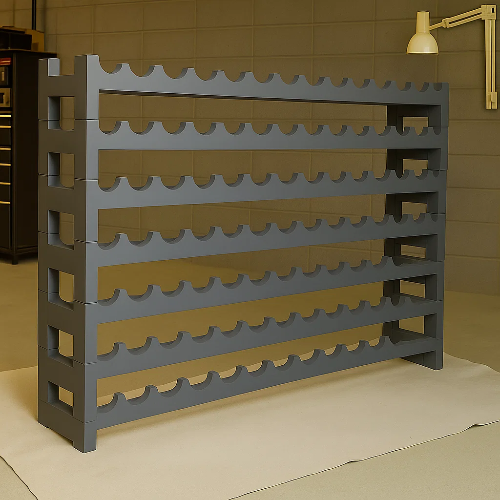 White-painted wine rack with paint can and brush on floor.
