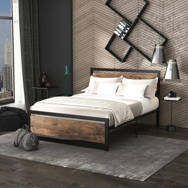 Decorative throw pillows in various textures and colors adding warmth and interest to a metal bed frame.