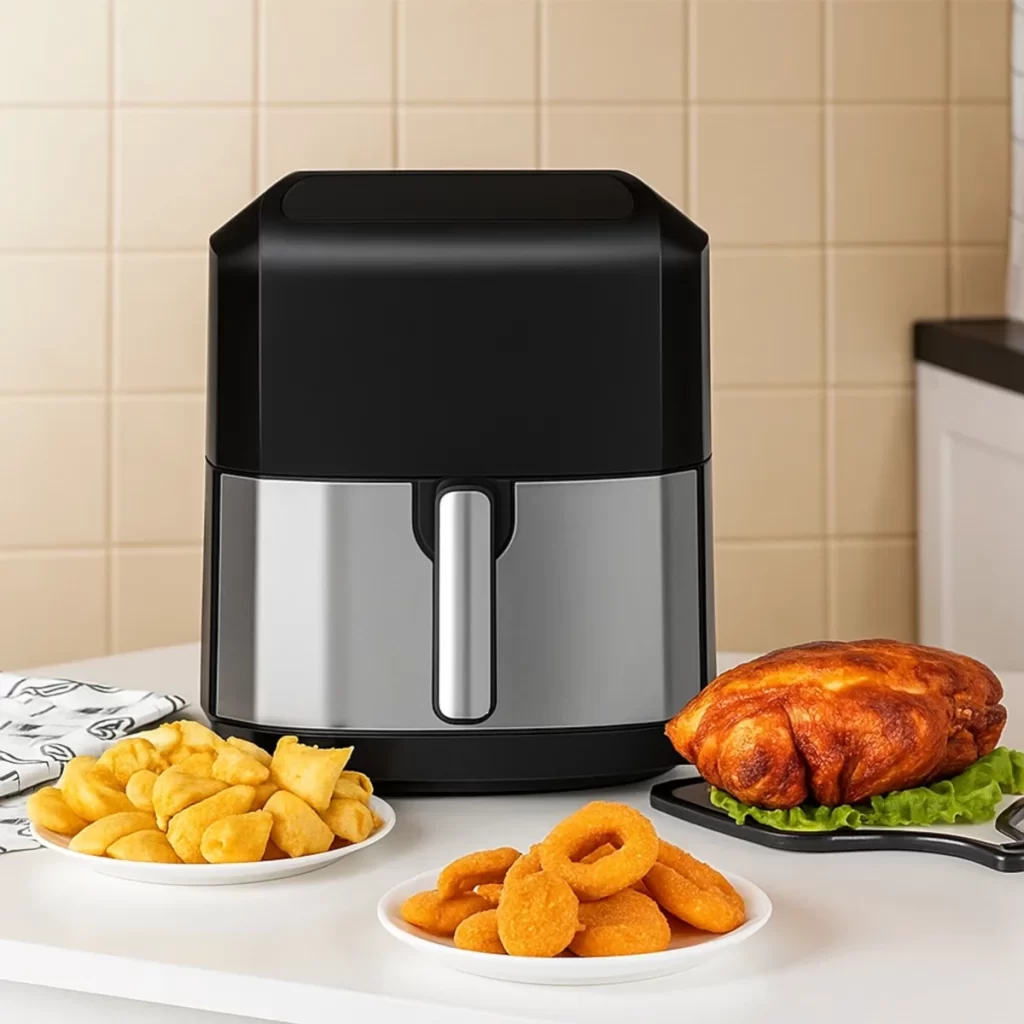 Modern air fryer placed on a kitchen counter with fried snacks and roast chicken.