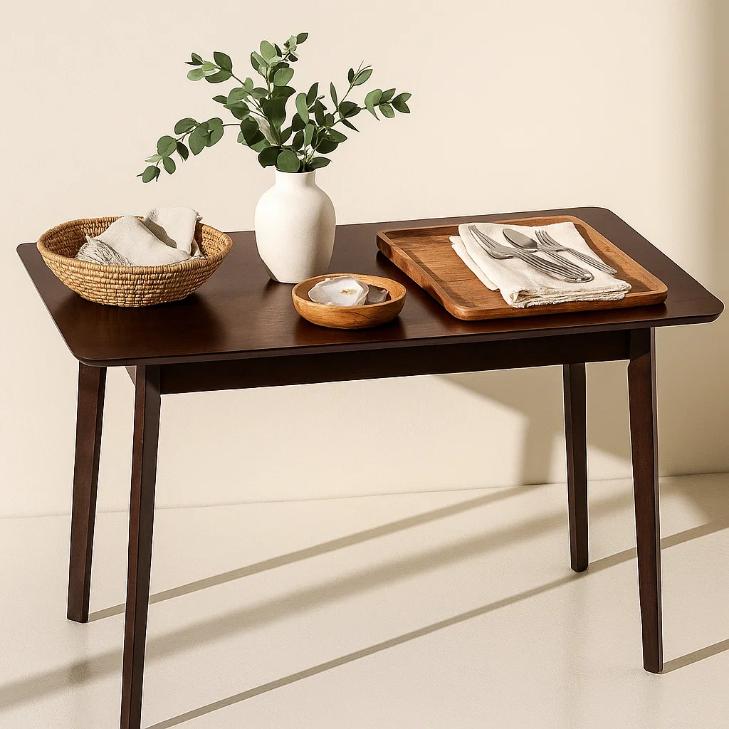 Table with white vase, woven basket, and wooden trays.