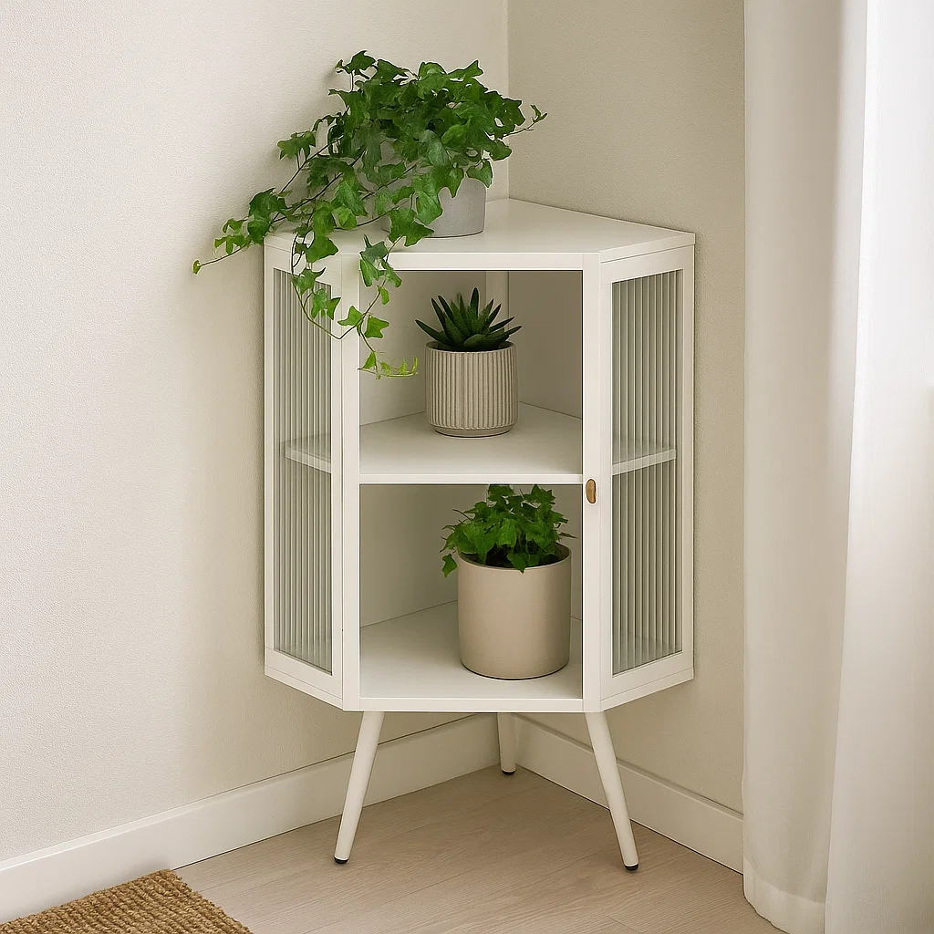 White corner cabinet with green potted plants.