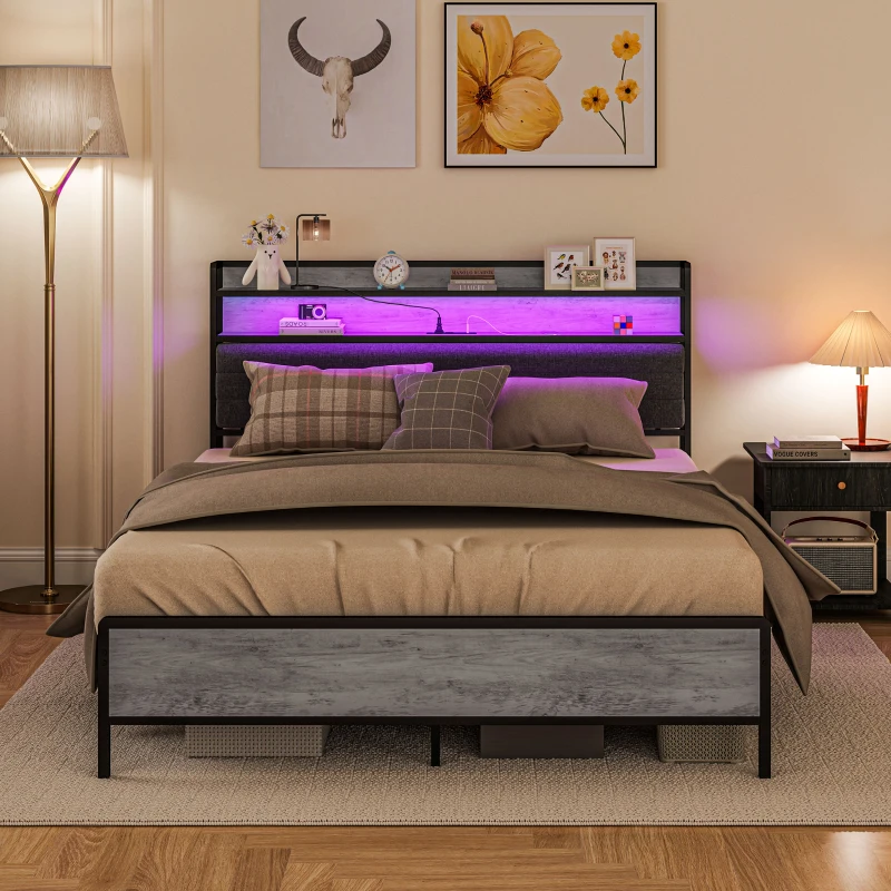 Soft rug under the bed adding comfort and defining the space, complementing the metal frame.