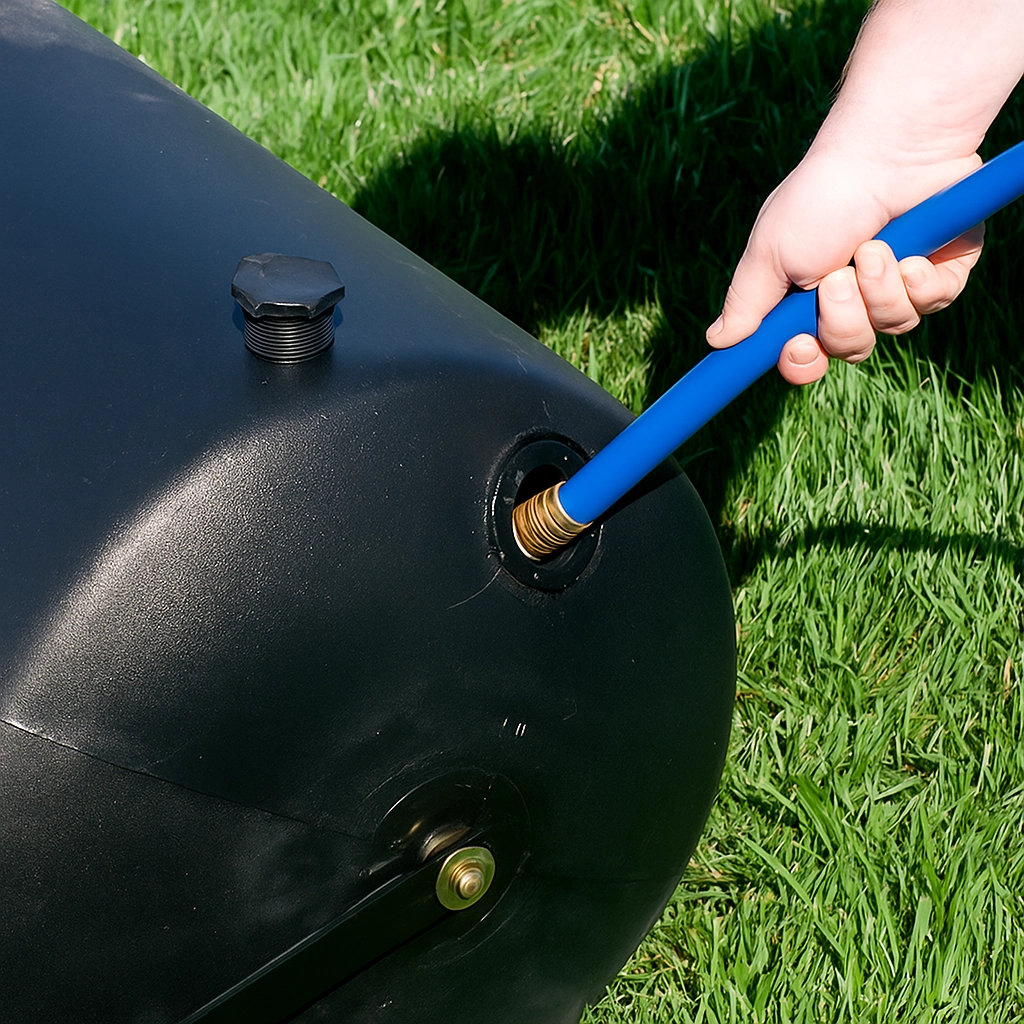 Close-up of hose filling a black poly lawn roller with water.