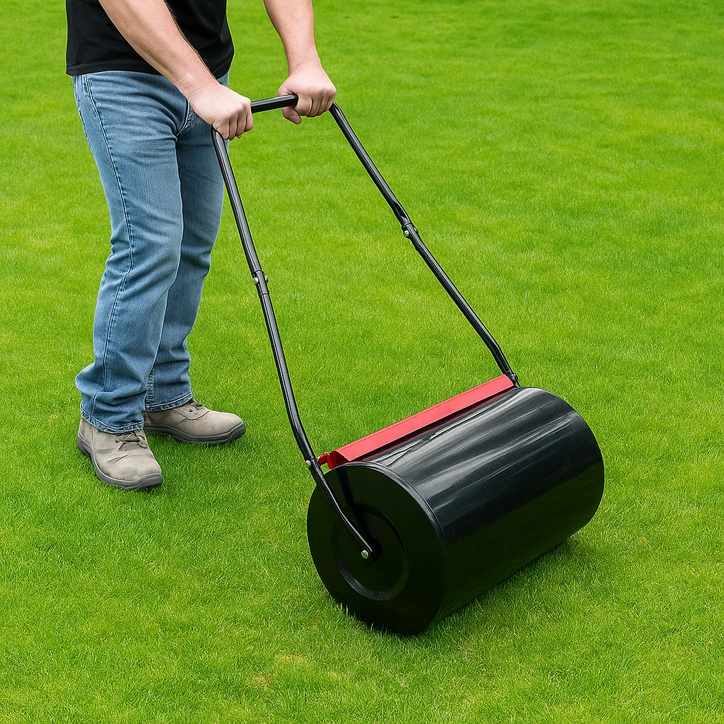 Person pushing a black poly lawn roller on lush green grass