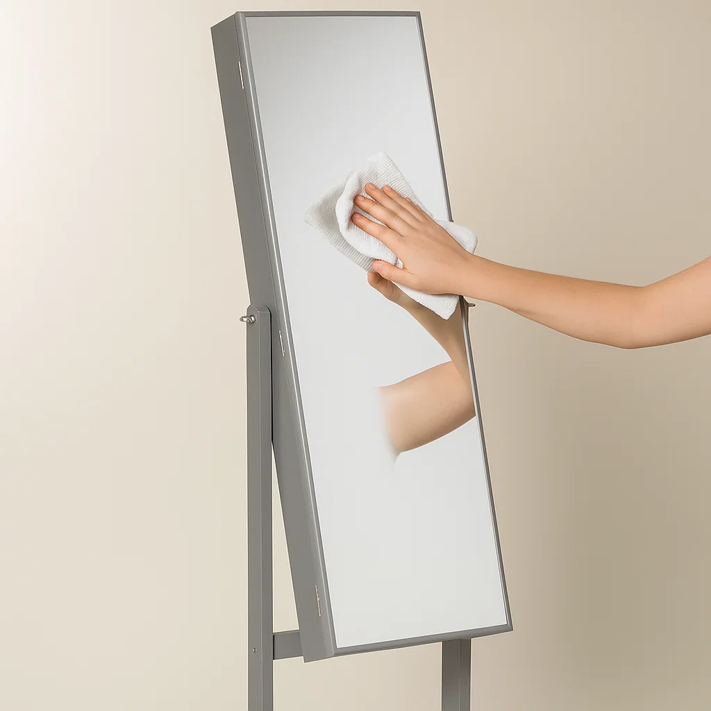 Hand wiping dusty mirror surface with white cloth for cleaning.