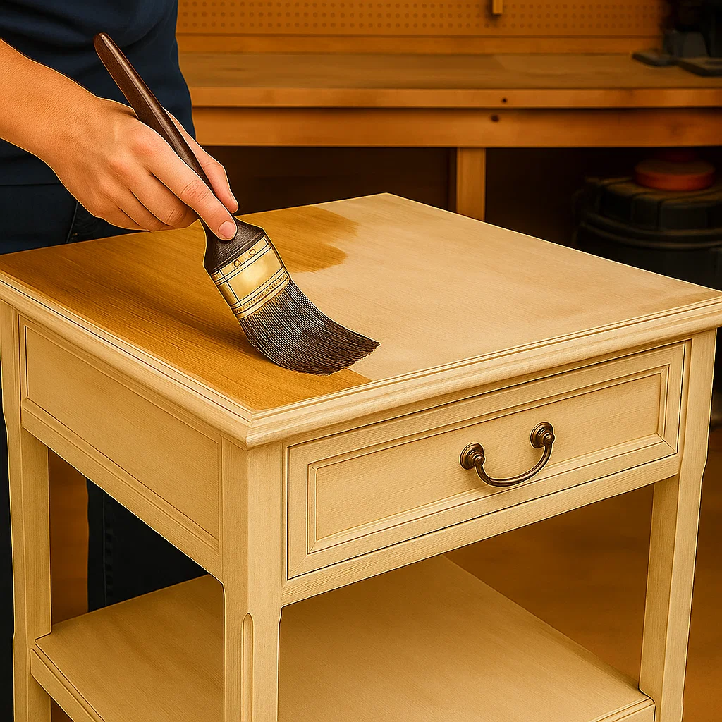 Person applying wood conditioner on end table using a paintbrush.