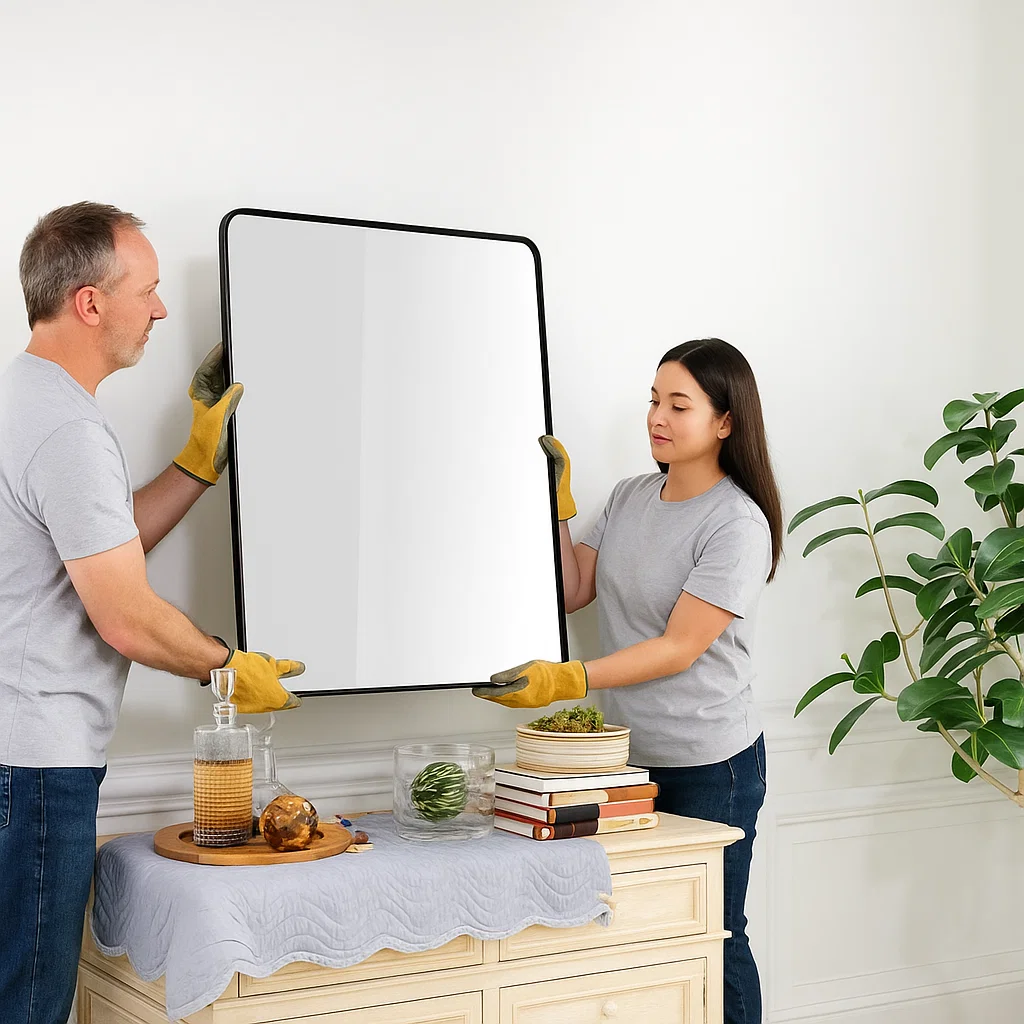 Two people wearing gloves lifting a rectangular mirror from the wall.