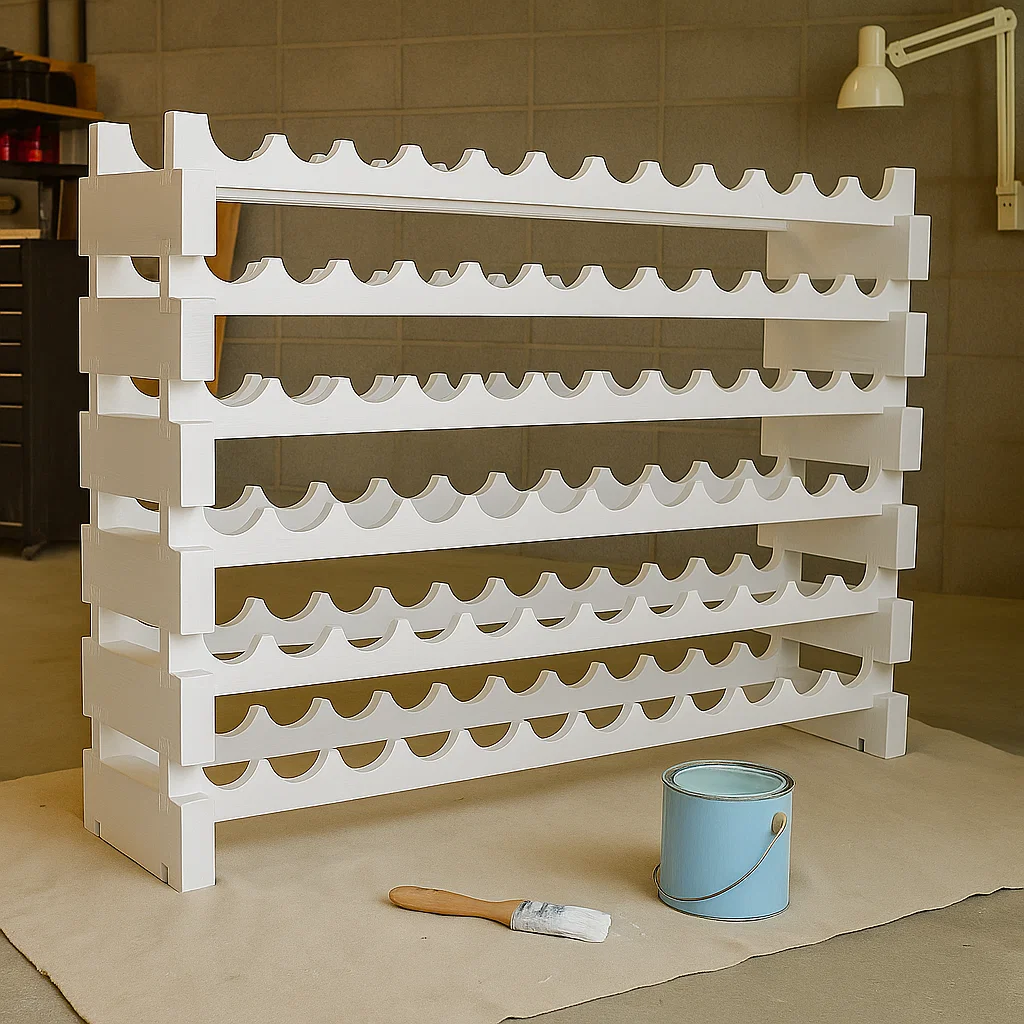 Grey-painted wine rack primed and ready for finishing coat.