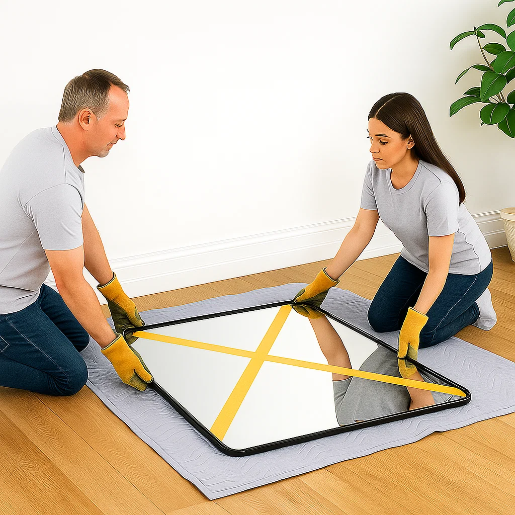 Two people placing painter’s tape in an X pattern on mirror glass.
