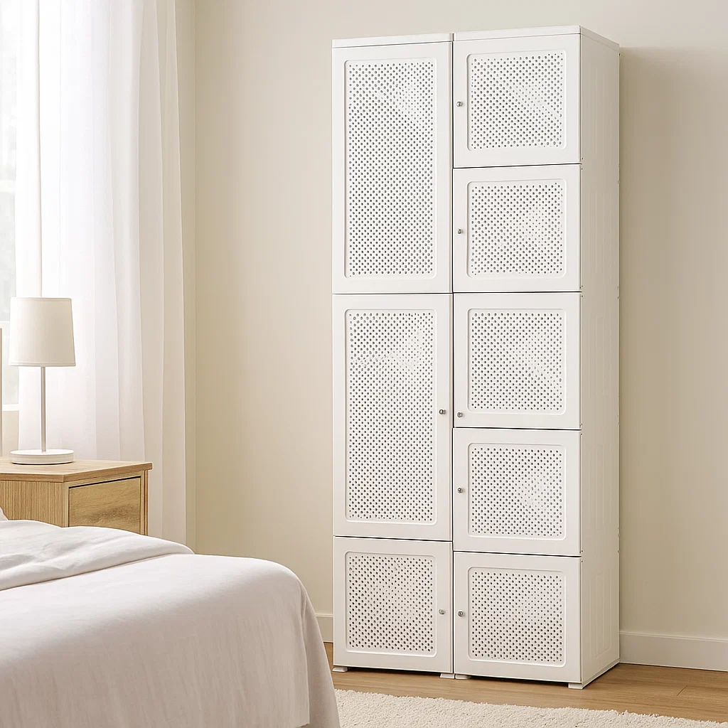 White locker with perforated design in a room.
