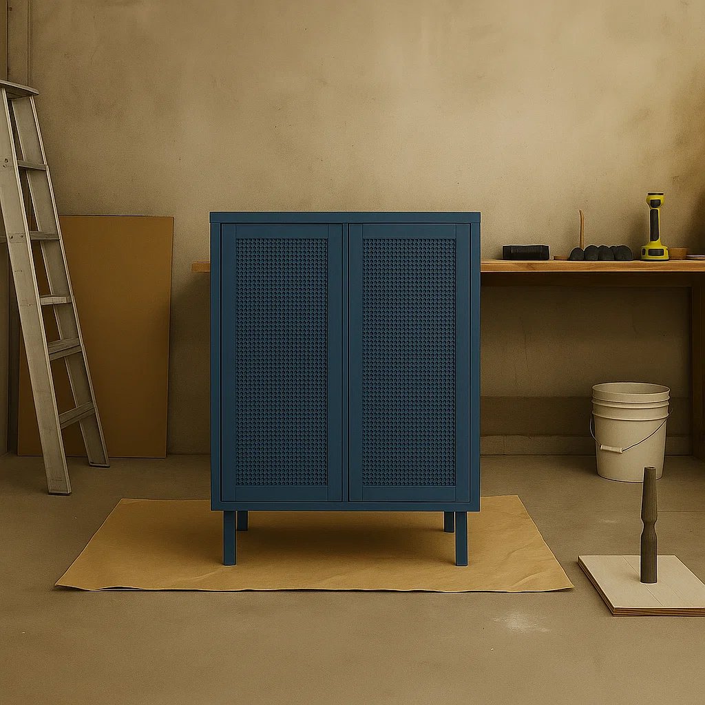 Dark blue rattan buffet cabinet reassembled and ready for use, placed on a workshop floor.
