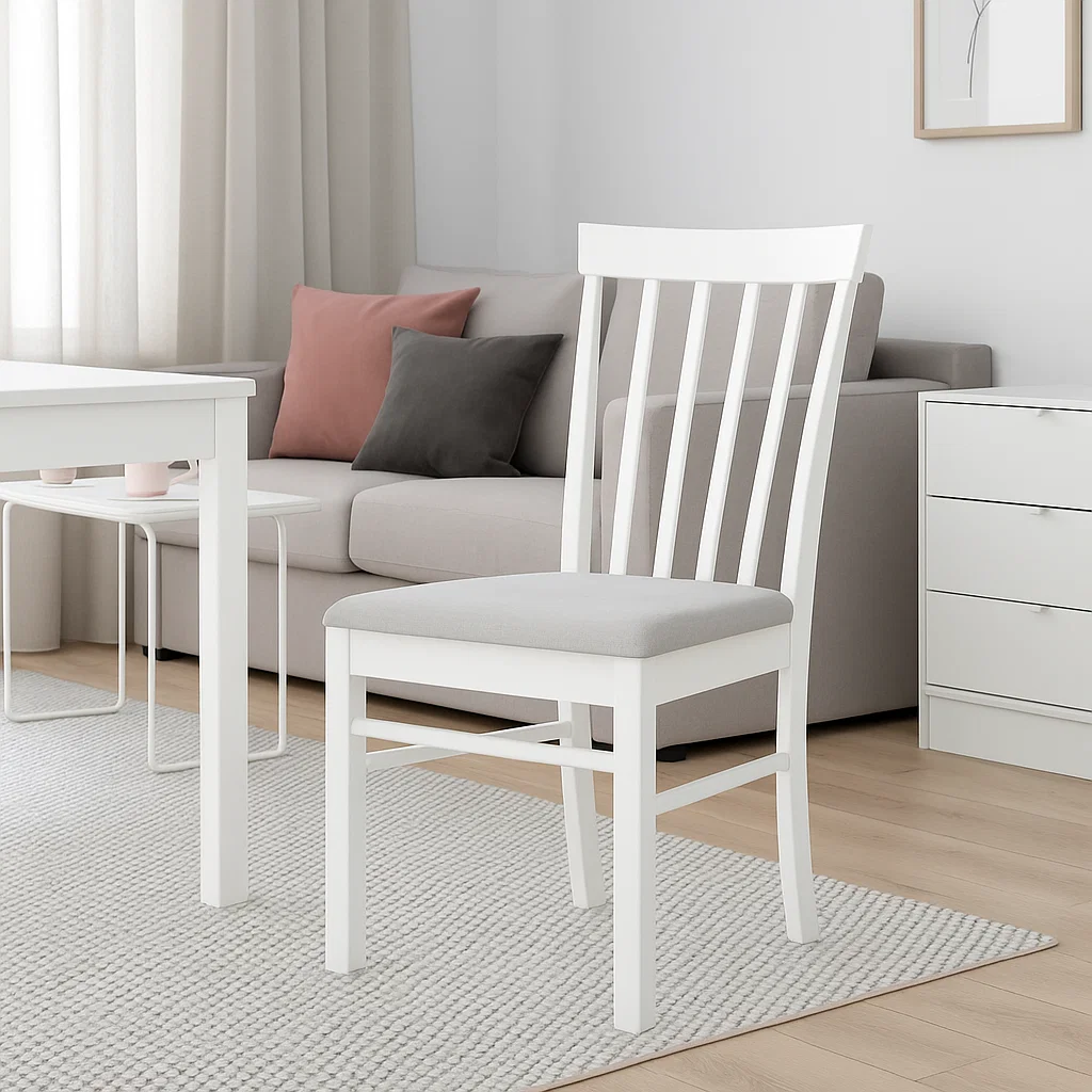 White painted chair with reattached fabric cushion seat.