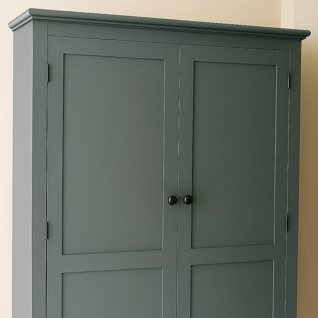 Close-up of painted wardrobe with black knobs