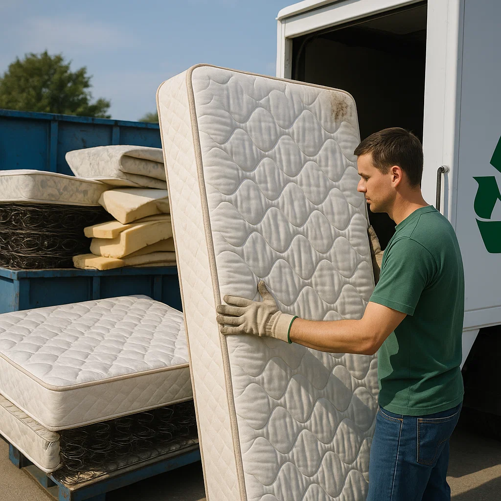 Man loading old mattresses into recycling truck
