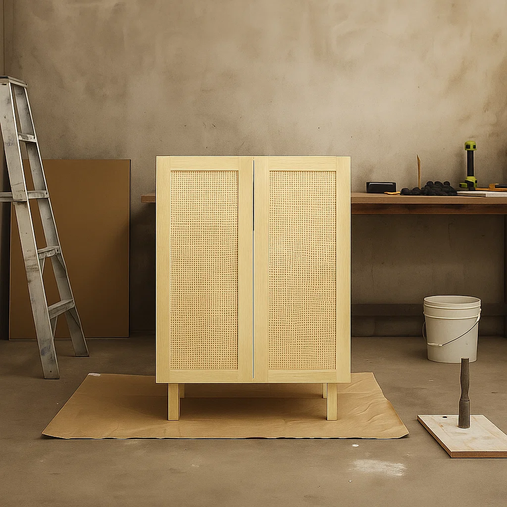 Rattan-front buffet cabinet standing upright with workshop tools and ladder in the background.
