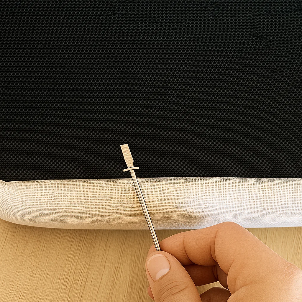 Hand using tool to remove old staples from chair bottom.