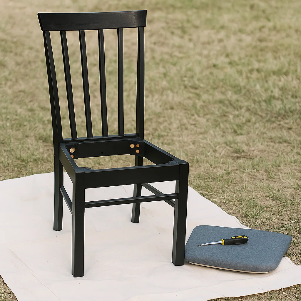 Wooden chair with seat cushion removed for repainting.