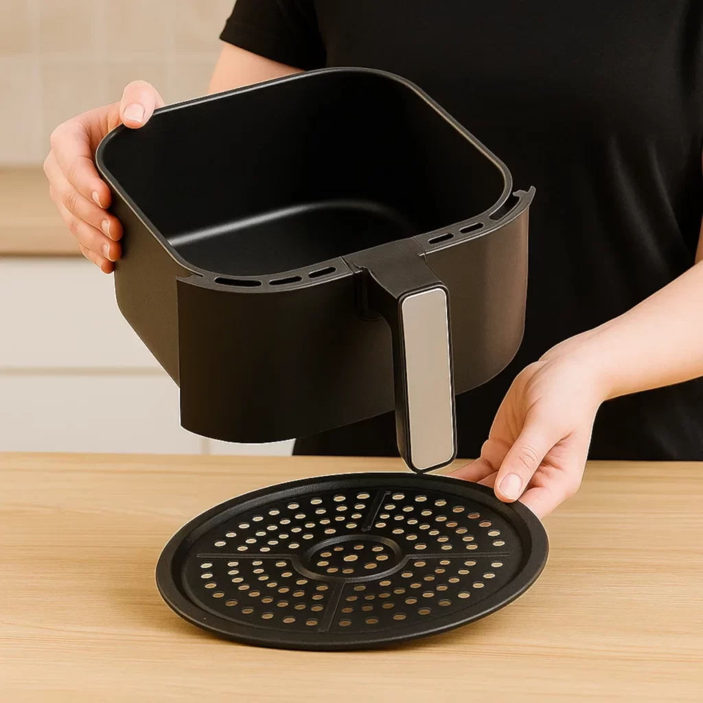 Person holding air fryer basket and tray, showing removable parts for easy cleaning.