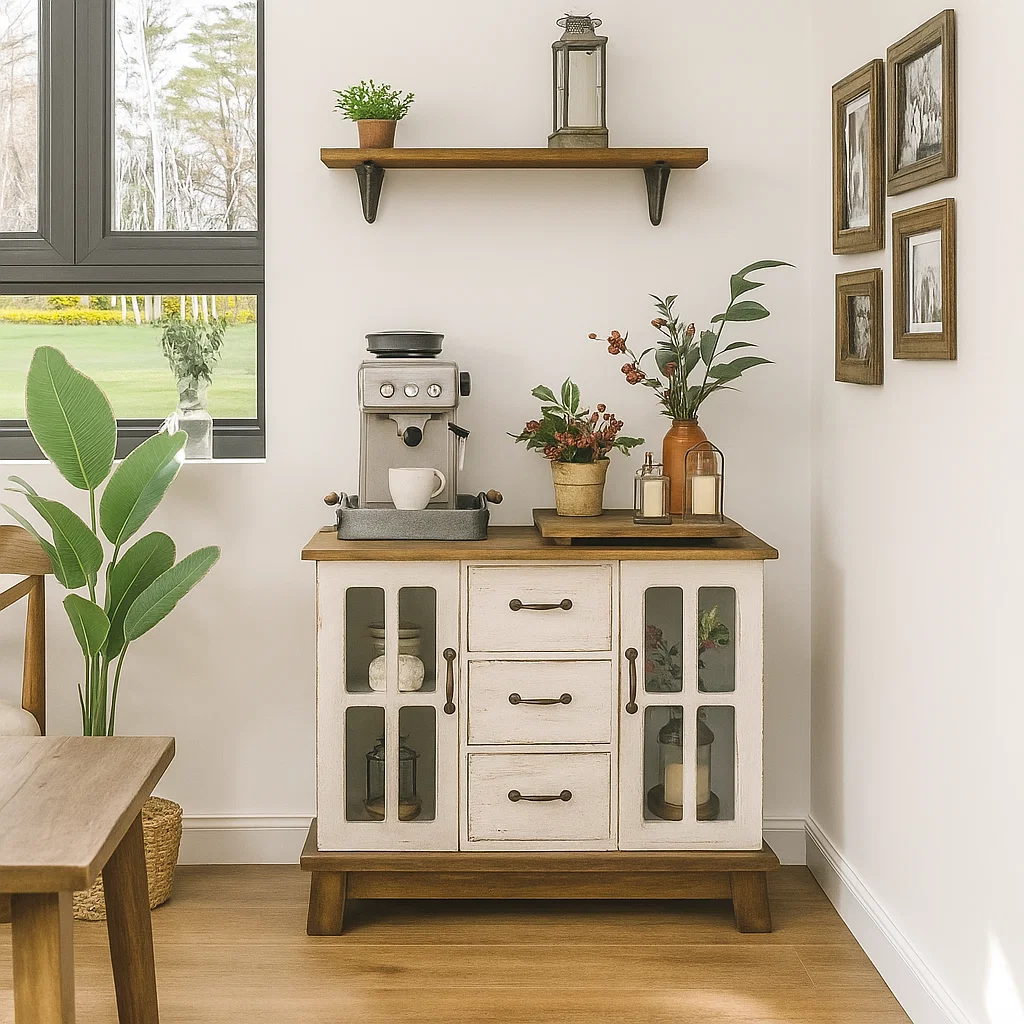 Rustic buffet cabinet styled with a coffee machine, terracotta pots, plants, and framed family photos.
