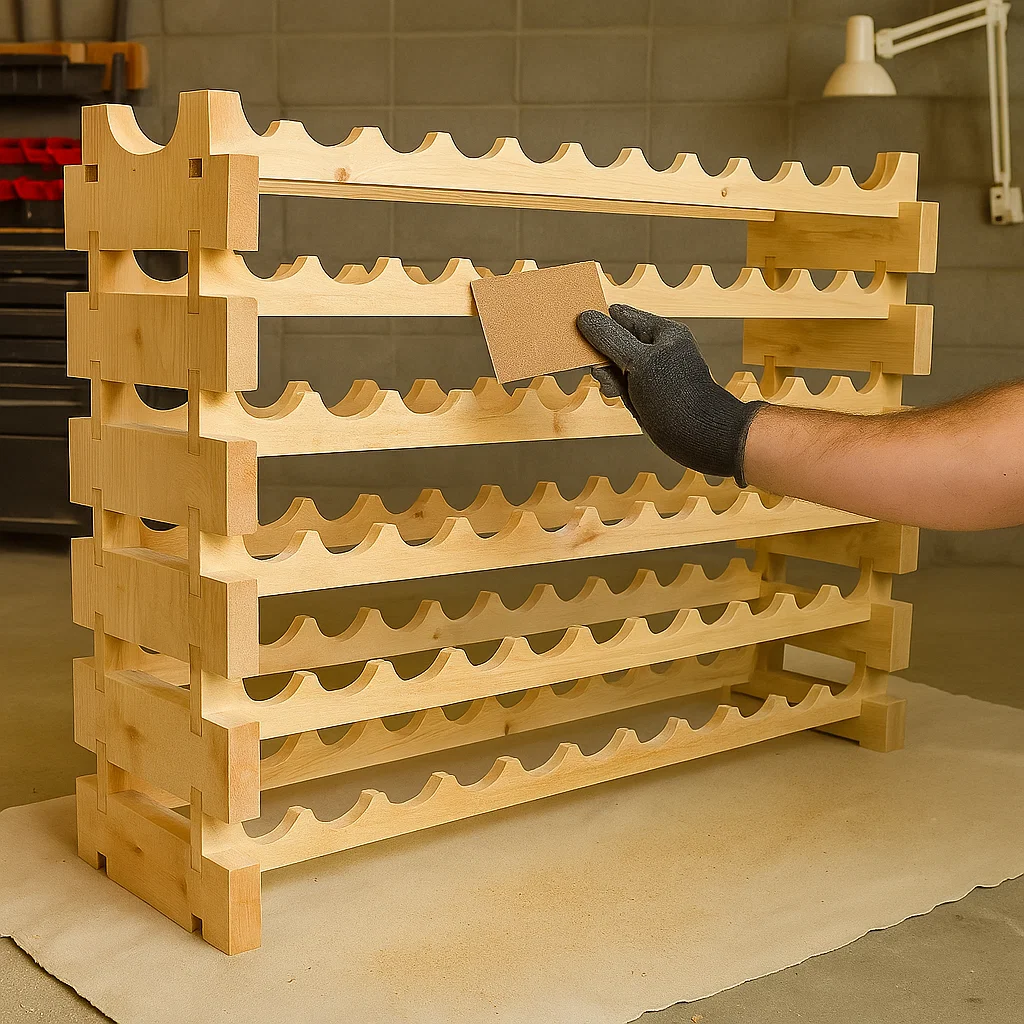 Person sanding a wooden wine rack with a sanding block.