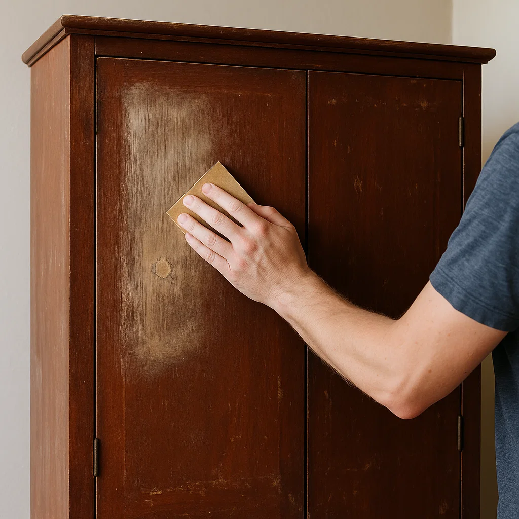 Hand sanding wooden wardrobe door before painting