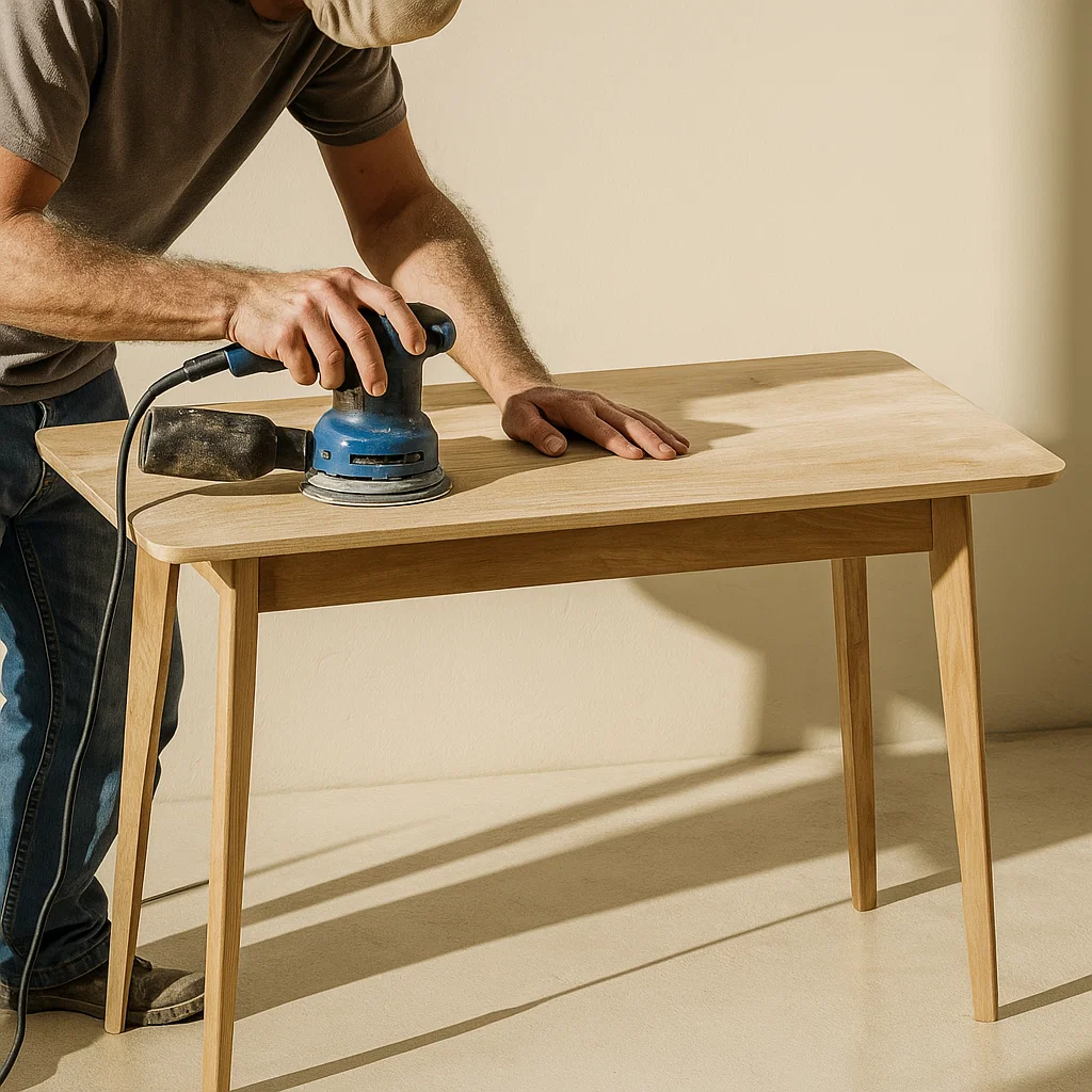 Using orbital sander to smooth unfinished dining table