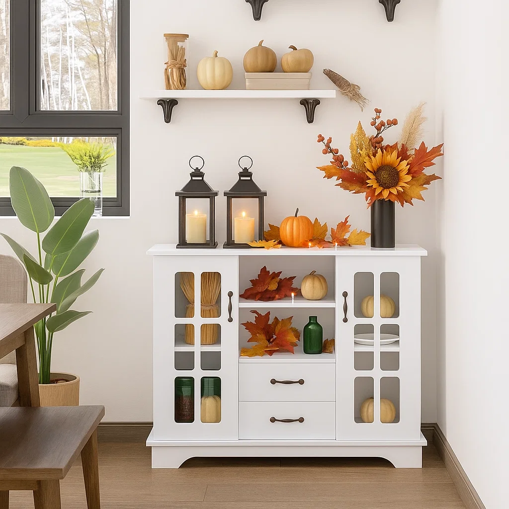 Buffet cabinet decorated for fall with pumpkins, autumn leaves, lanterns, and sunflower floral arrangement.
