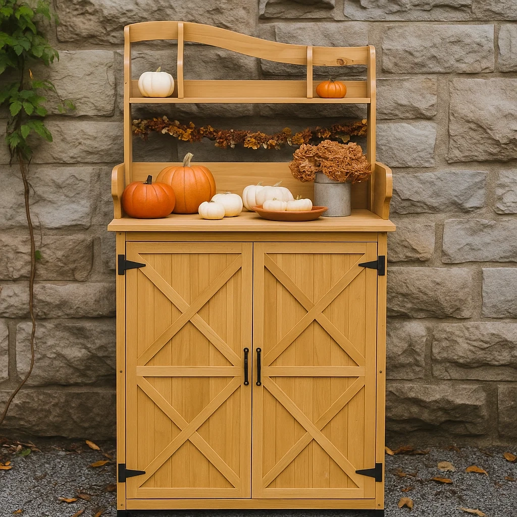 Wooden potting bench decorated with pumpkins and dried flowers.