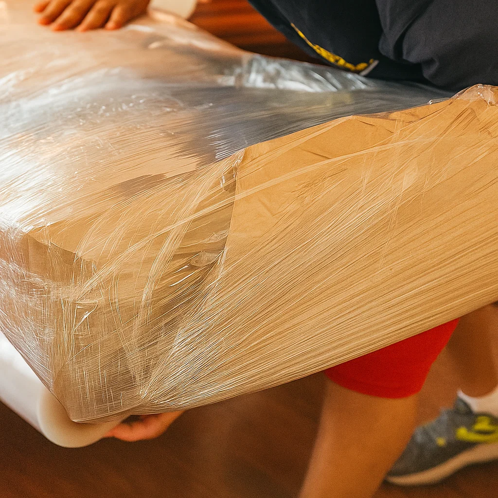 Dining table carefully wrapped in stretch film with cardboard protection for damage-free moving.