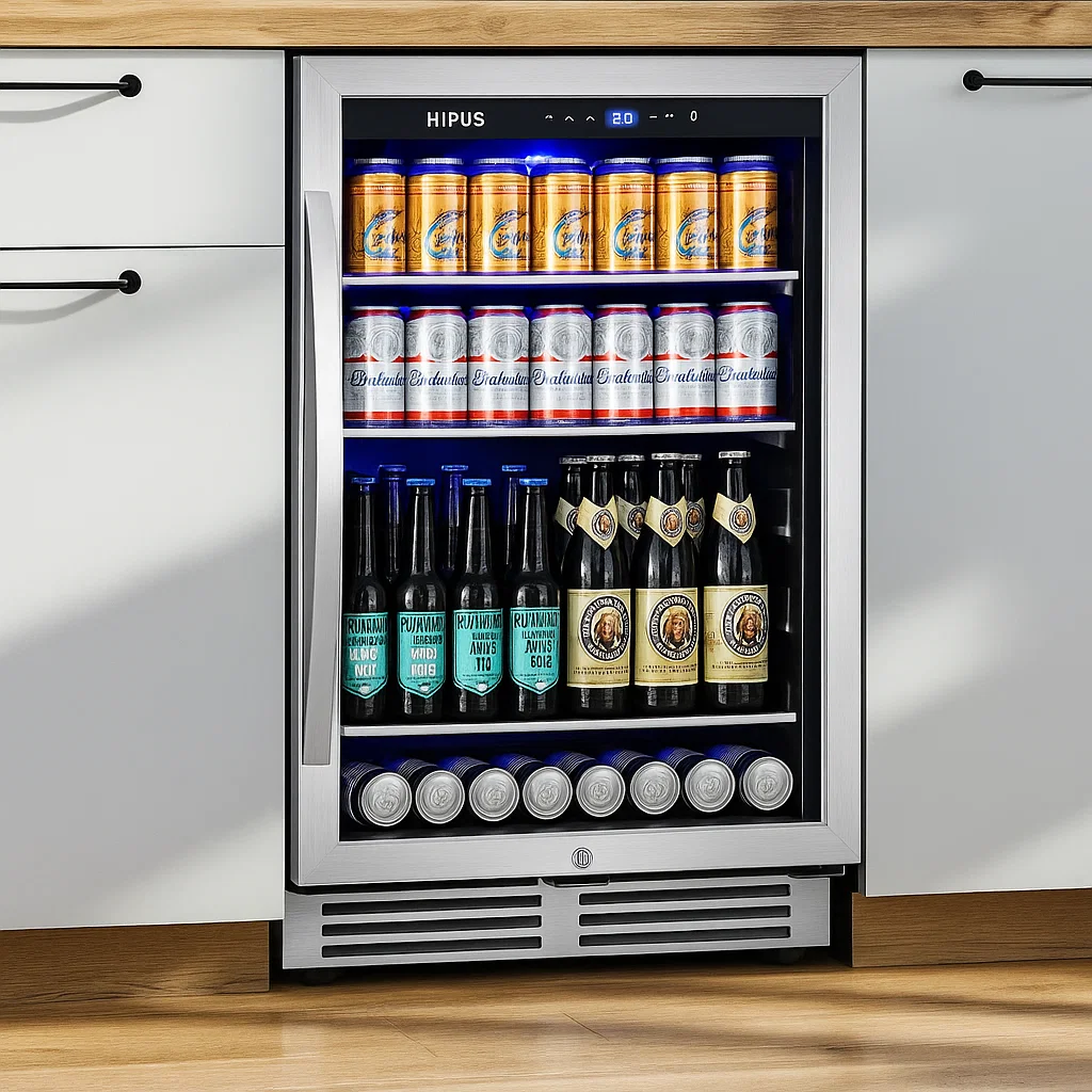 Beverage cooler with soda cans and beer bottles, lit with blue LED.