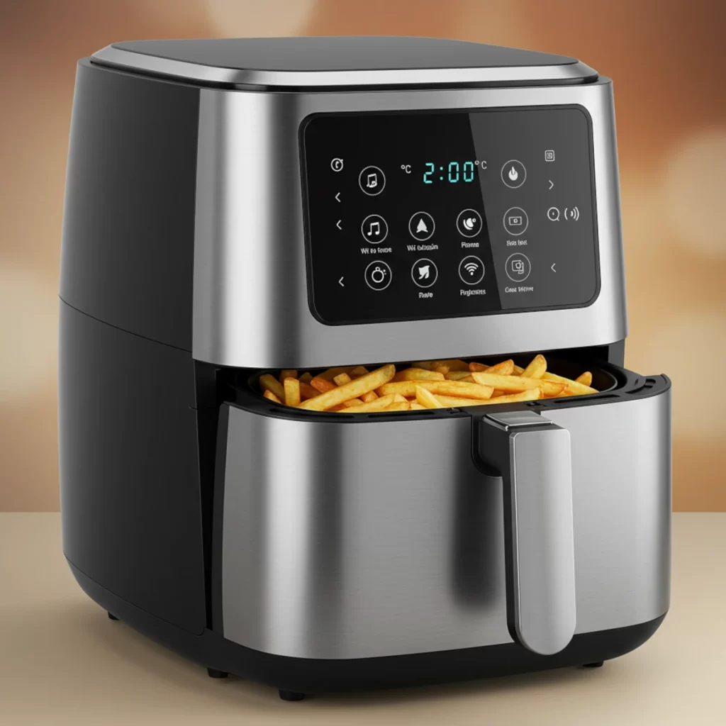 Stainless steel smart air fryer with fries inside basket.