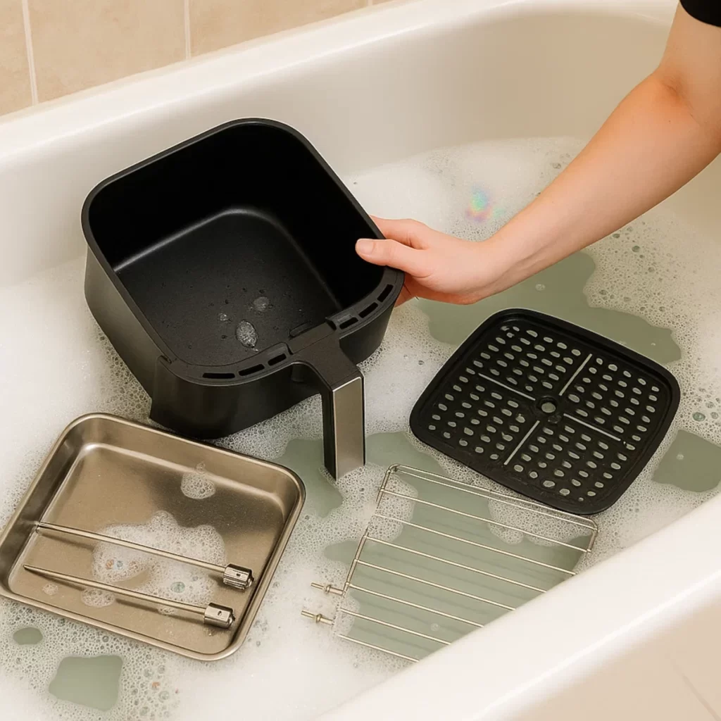 Air fryer basket, racks, and tray soaking in warm soapy water inside sink.