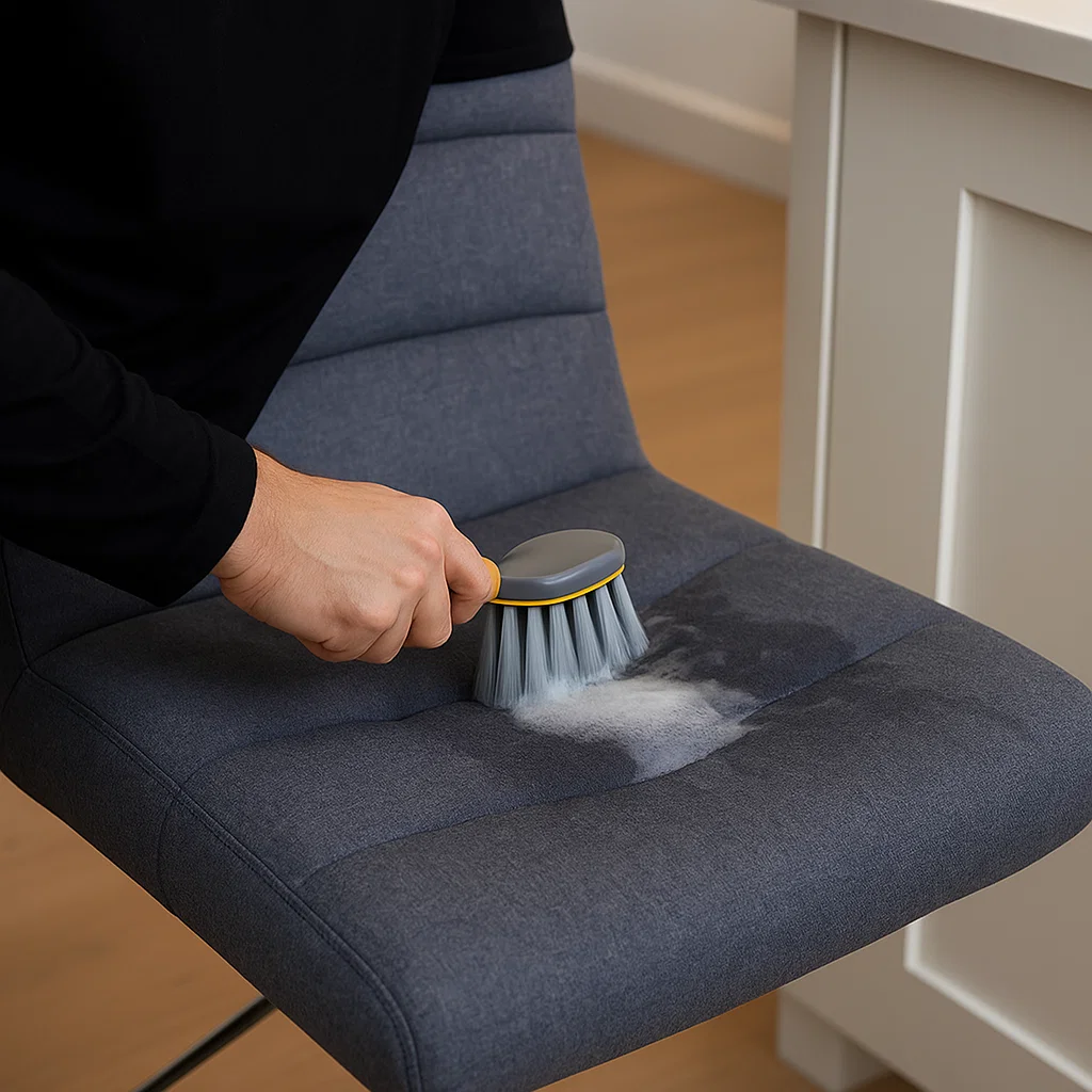 Brushing stained fabric stool with soapy solution
