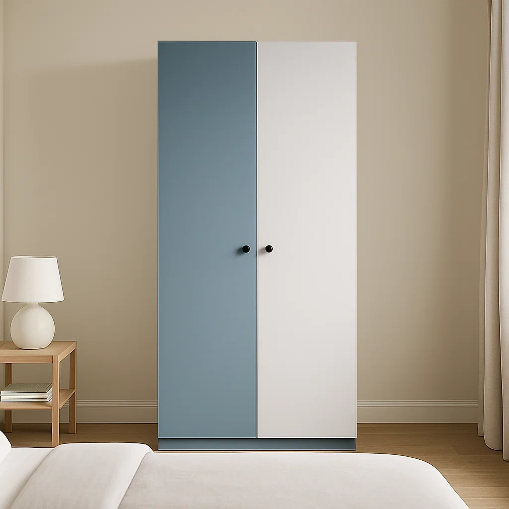Simple wardrobe with split blue and white doors.