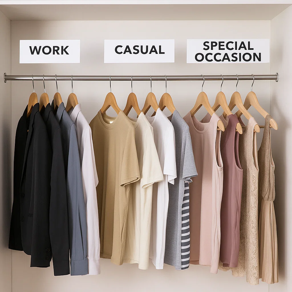 Wardrobe section with work, casual, and occasion outfits.