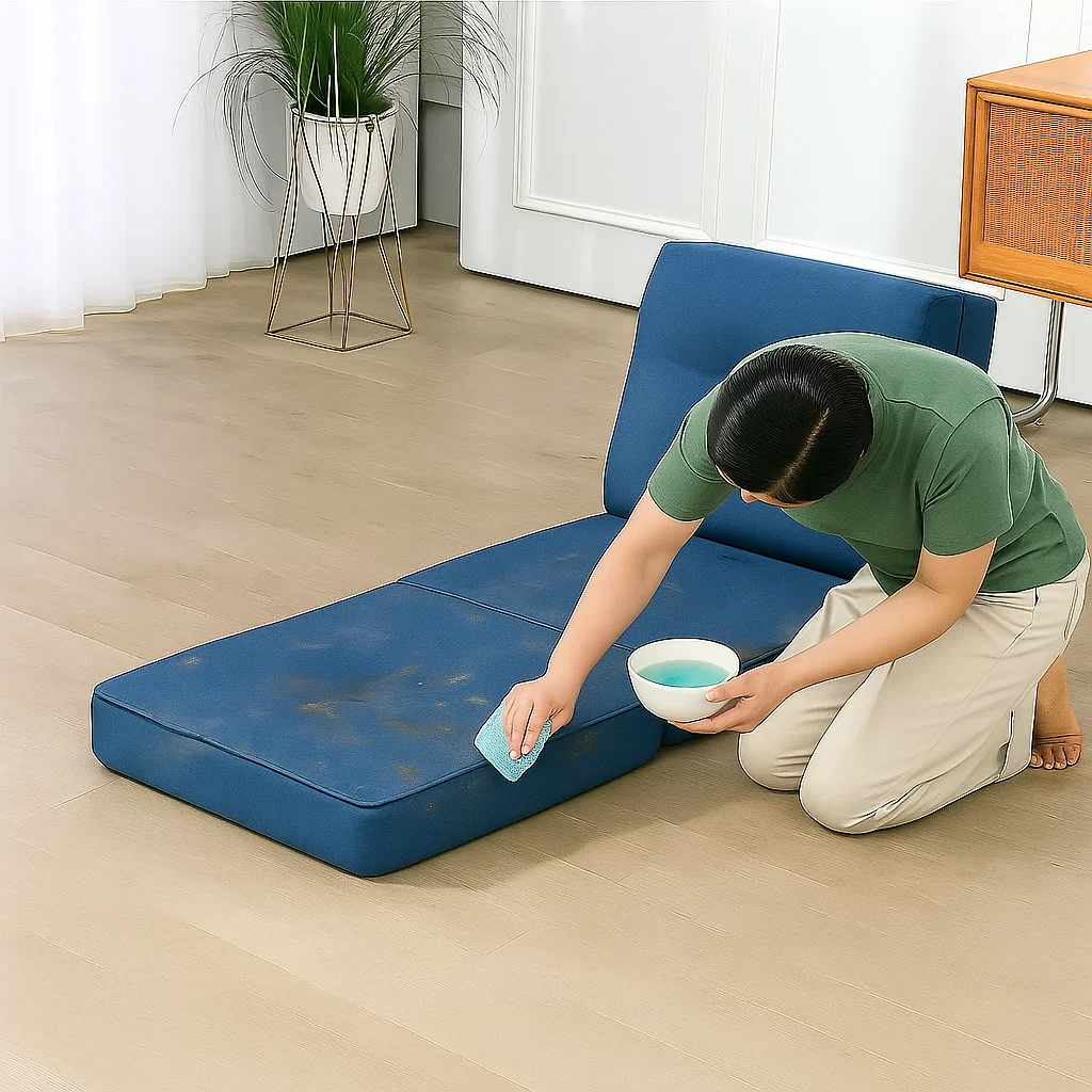 Person scrubbing blue futon stain using sponge and bowl

