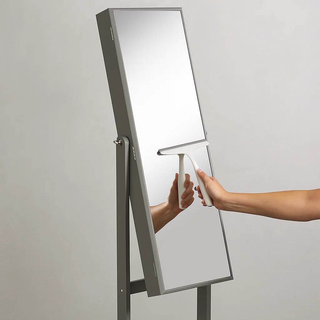 Hand using white squeegee to clean large full-length mirror.