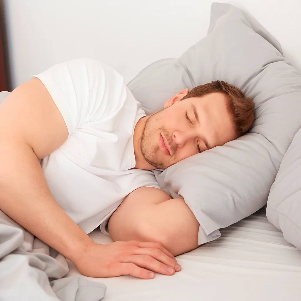 Man sleeping peacefully on side with gray pillow.
