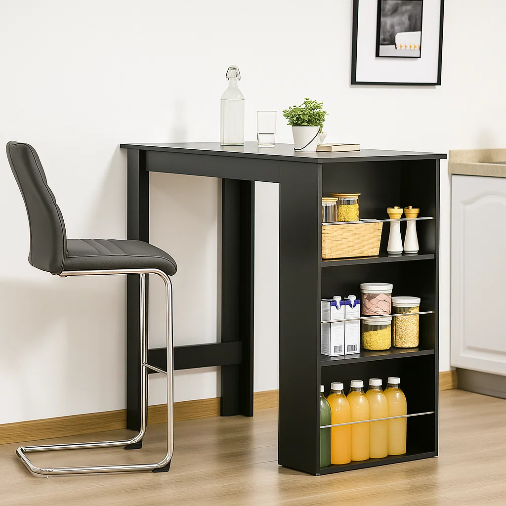 Black bar table with built-in shelves holding drinks and pantry items.