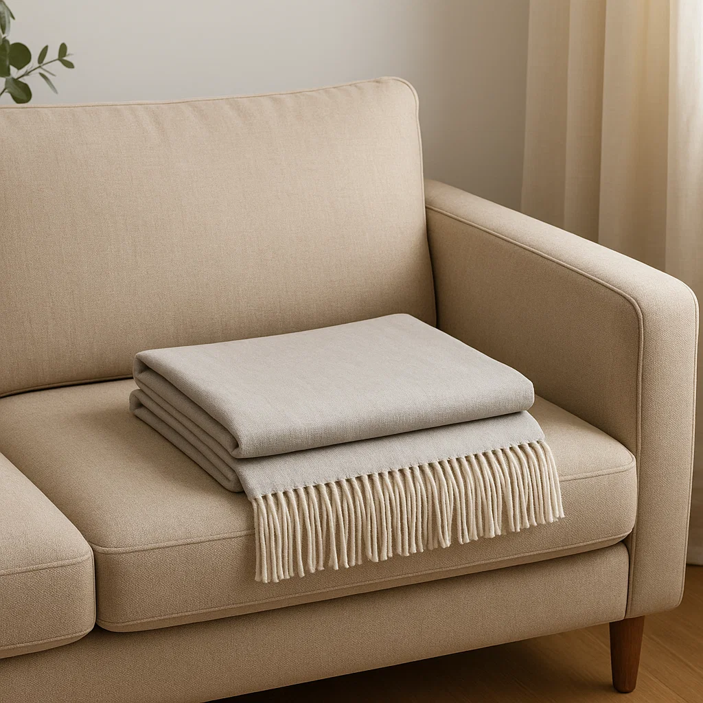 Folded beige throw blanket on beige sofa
