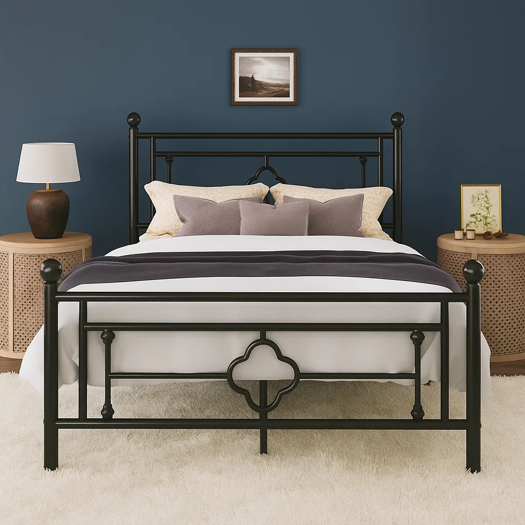 Metal bed frame as a stylish, functional centerpiece enhancing bedroom aesthetics and comfort.
