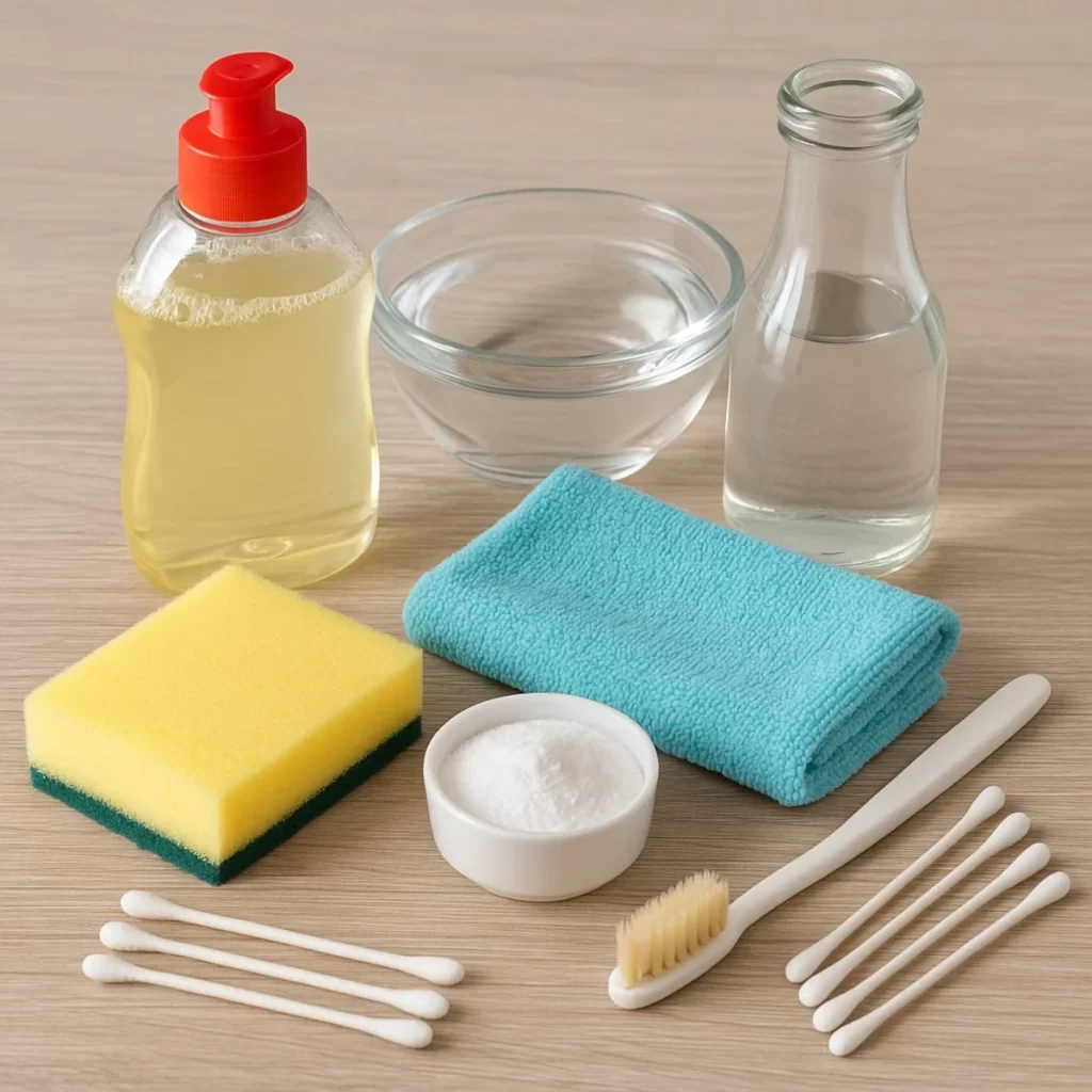 Cleaning supplies for air fryer including sponge, cloth, dish soap, and baking soda.