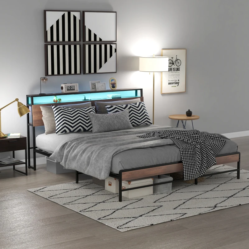 Table lamps with decorative bases and lampshades adding soft lighting to complement a metal bed frame.
