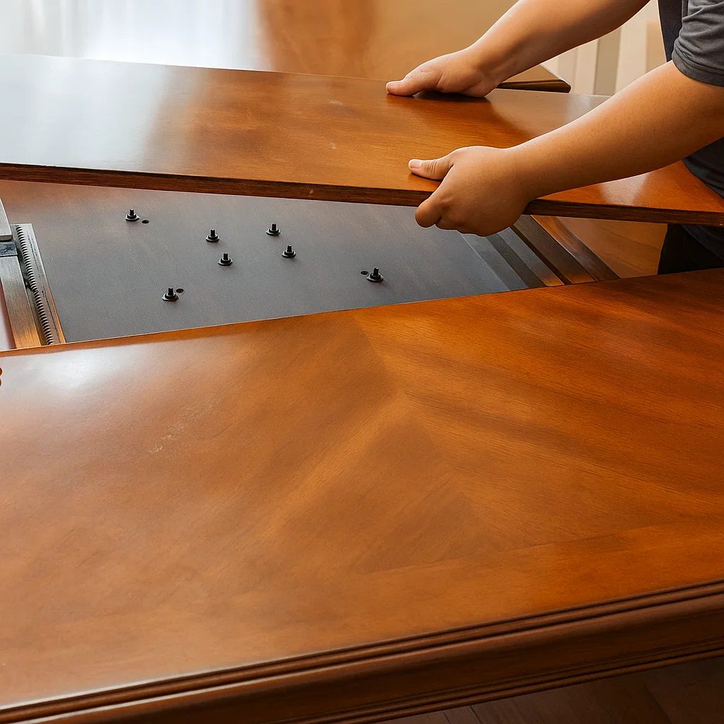 Close-up of hands removing a dining table leaf to prepare it for safe transport.
