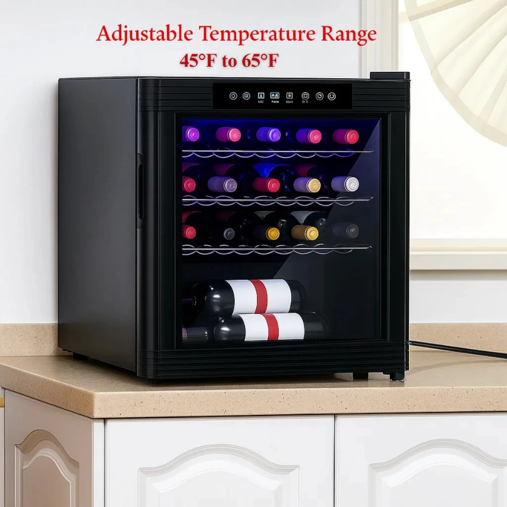 Black wine cooler showing adjustable range 45°F to 65°F.