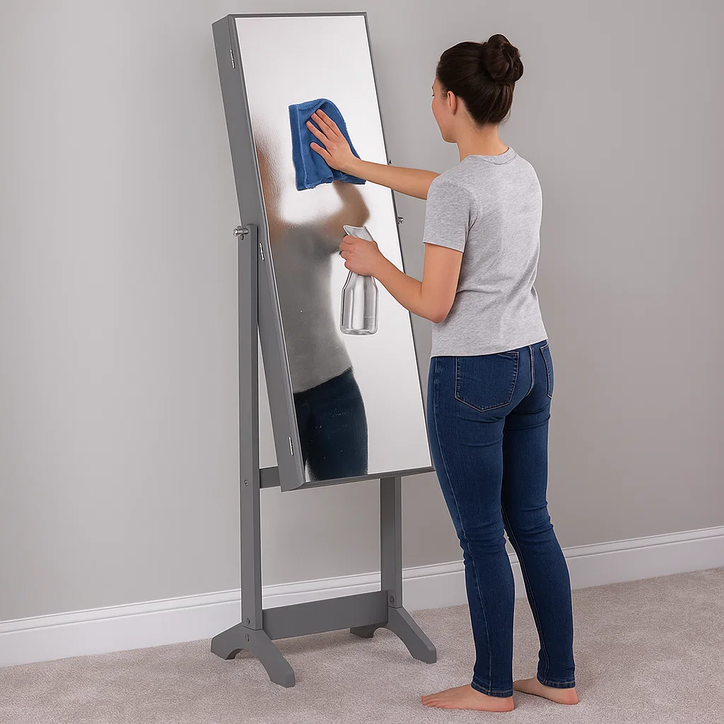 Woman cleaning full-length mirror with spray bottle and blue cloth.