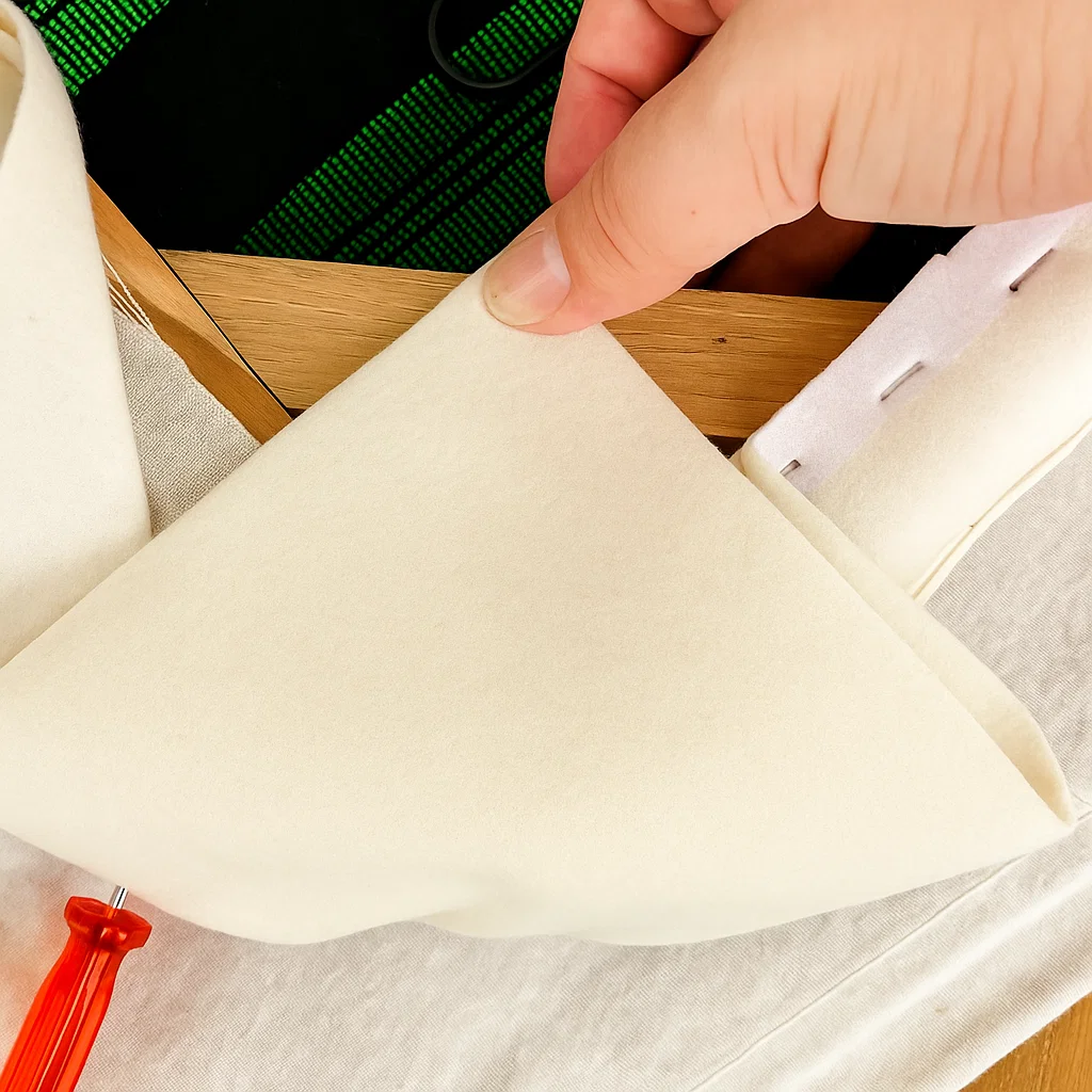 Hand folding and adjusting fabric at corner of bar stool seat.